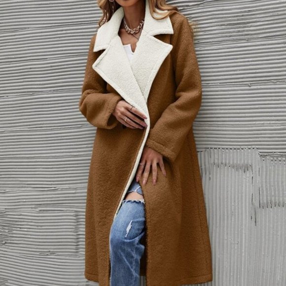 Cozy two tone  Teddy Long Coat Jacket Minimalist - Picture 3 of 11